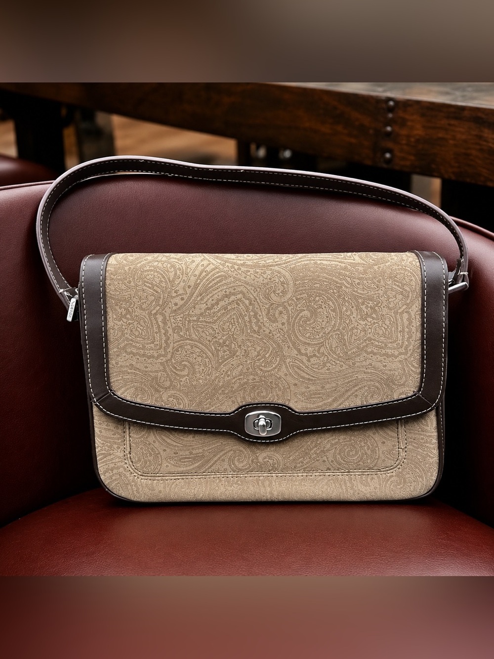 Suede Paisley Shoulder Bag Beige Brown Turn Lock Handbag Purse Liz Claiborne